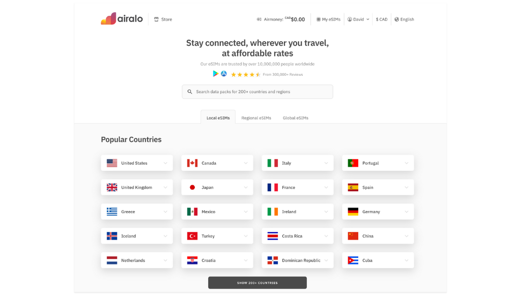 airalo page showing that they support over 200 countries with a short list of country buttons